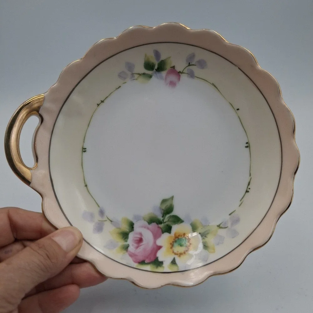 Vintage Noritake Hand Painted Nappy Bon Bon Dish Single Handle Pink Roses